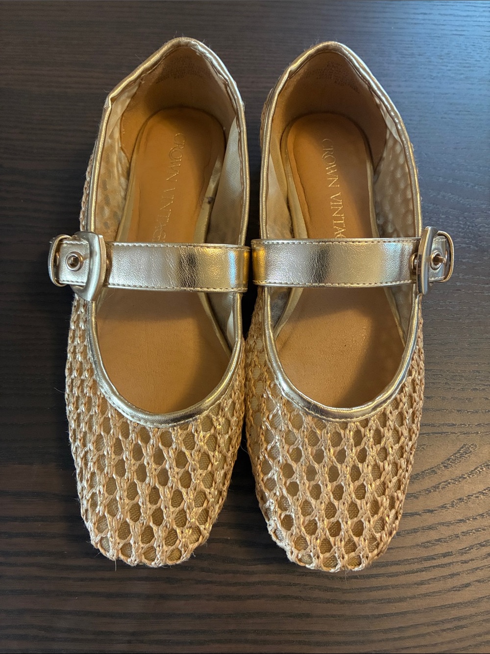Crown Vintage Metallic Gold Woven Mary Jane Flats